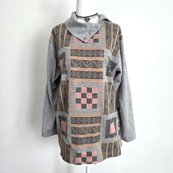 Blair Sweaters - Vtg 90s Patchwork Asymmetrical Pullover Sweater Medium Blair Gray Multi Boho Art